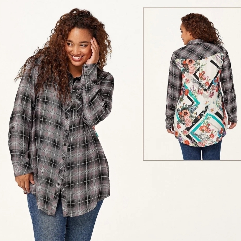 Tolani Collection Plaid Tunic Print Back, Black White Plaid Floral Geometric, S